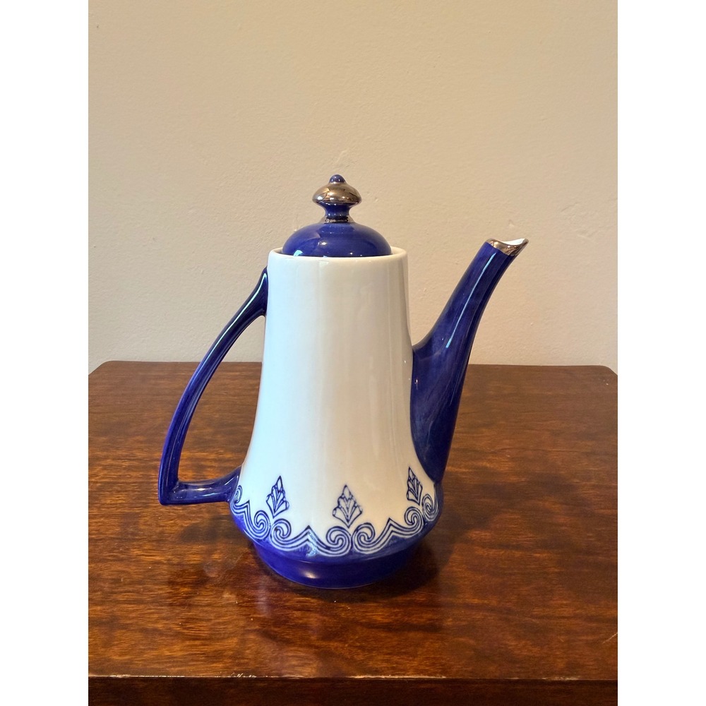 Bombay Company Arabesque Teapot, Blue White Ceramic, Silver Trim Finial Lid